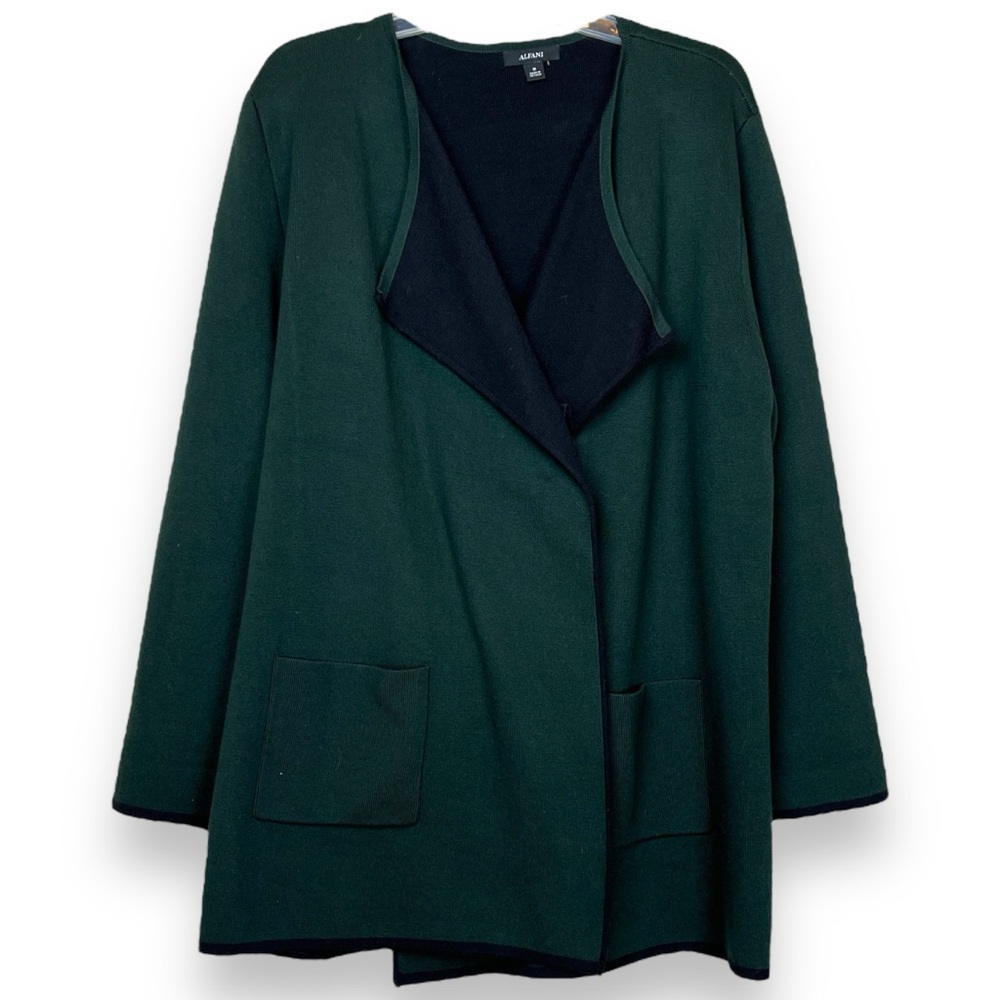 Alfani Hunter Green Black Ribbed Knit Cardigan Sweater Blazer Pockets Medium - Picture 2 of 5